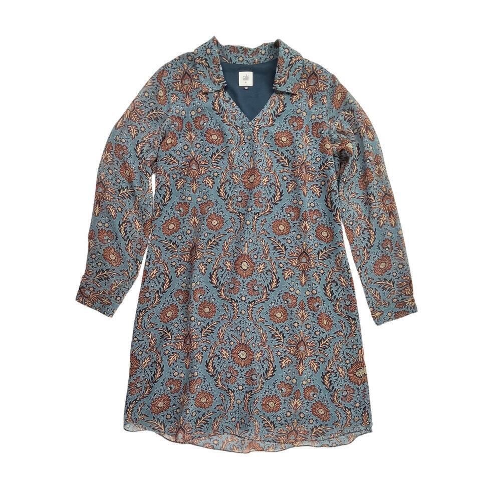 AUTUMN | Cabi M Blue Brown Paisley Boho Pattern Collared V Neck Shirt Mini Dress